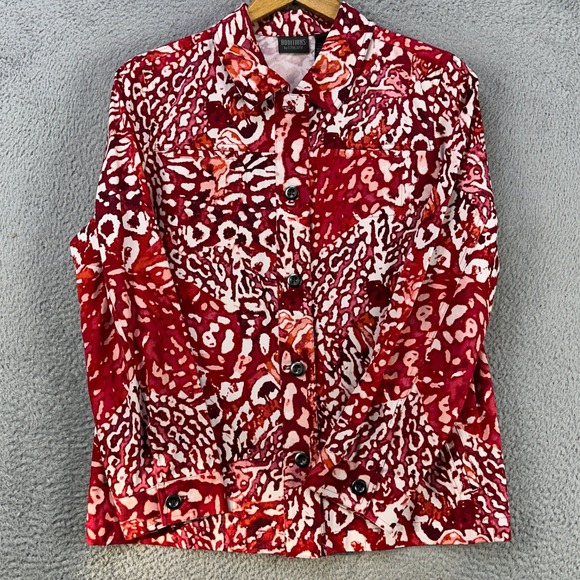 ADDITIONS BY Chico's Jackets & Blazers - Additions Chicos Jacket Button Up Womens 2 Red Geometric Stretch Long Sleeve NEW